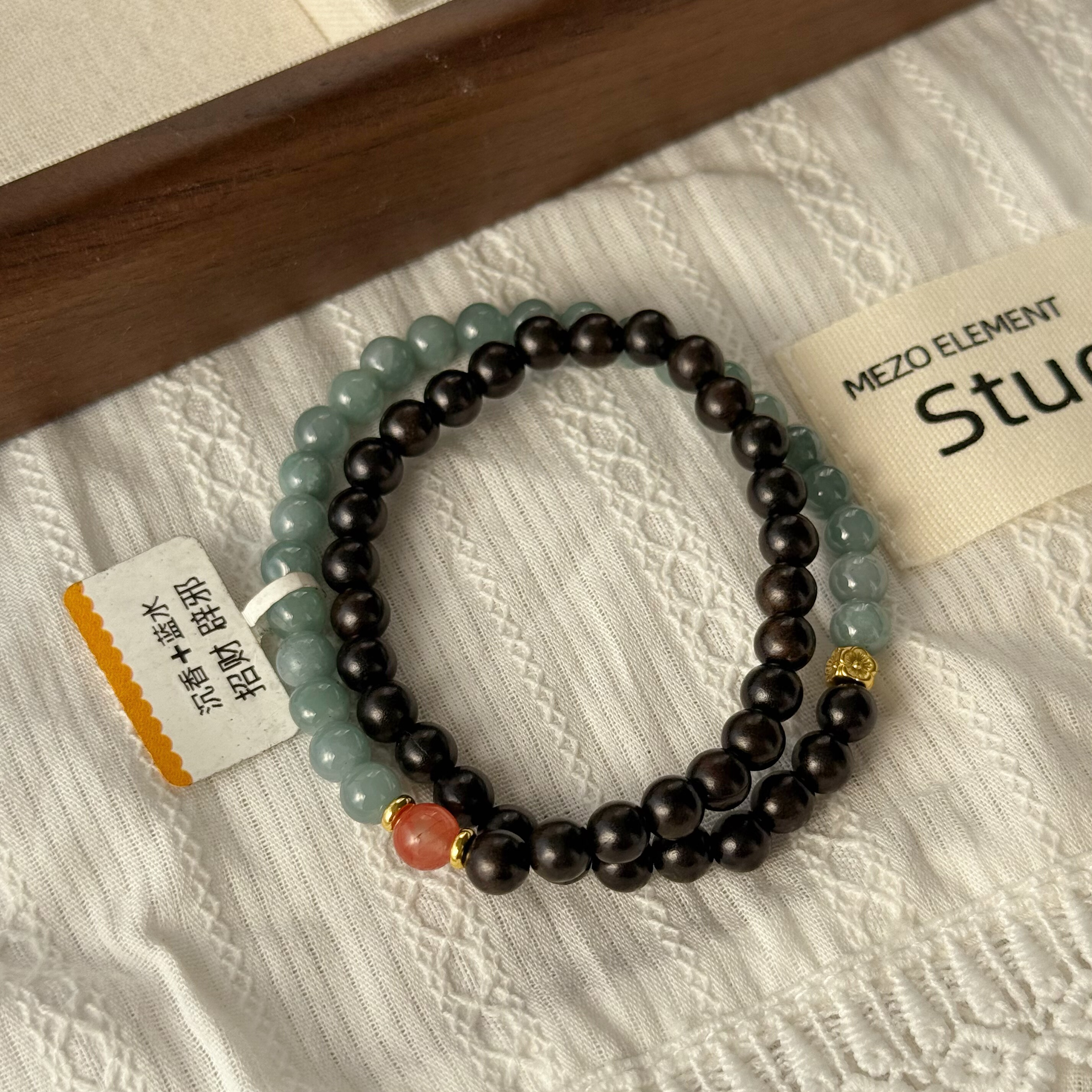 新中式撞色沉香木蓝色系水晶招米国风双层手串闺蜜生日礼物