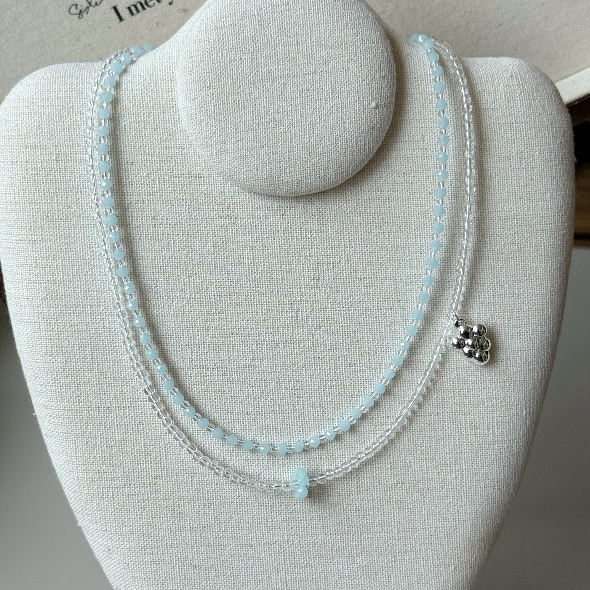 天然海蓝宝水晶串珠葡萄ins风项链铜镀金 海边气质白水晶锁骨链