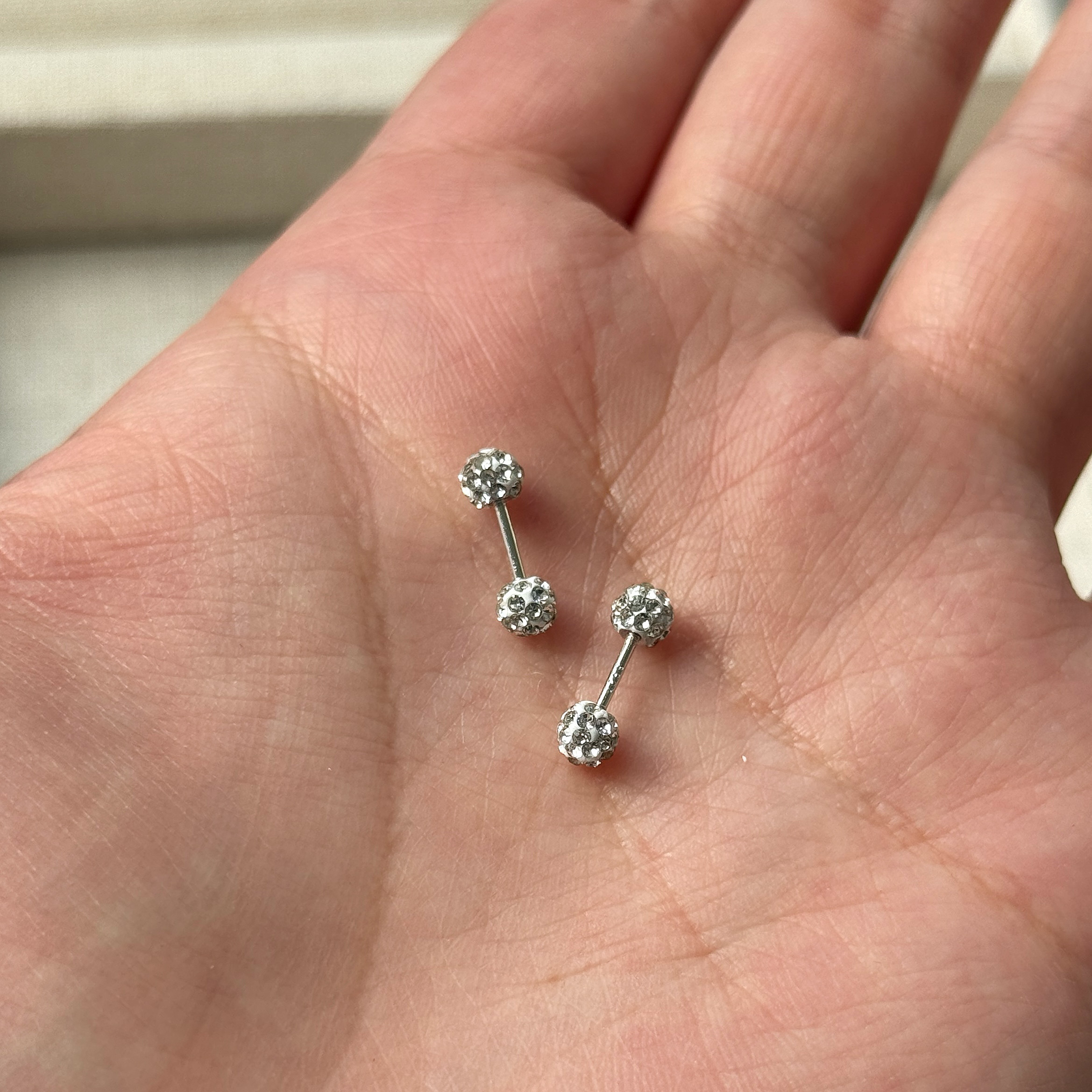 通体s925银纯银超闪螺旋钉扣钻球耳钉 双面耳骨钉白色水钻迷你