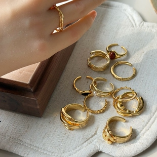 韩系铜镀金ins风金色造型开口可调节搭配戒指 几何编织多层戒圈