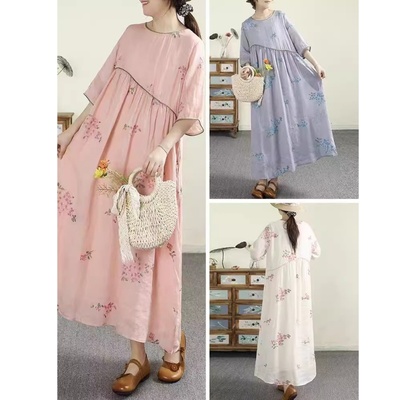 小莲~22706纯苎麻重工刺绣双层连衣裙不规则高腰线法式度假长裙女