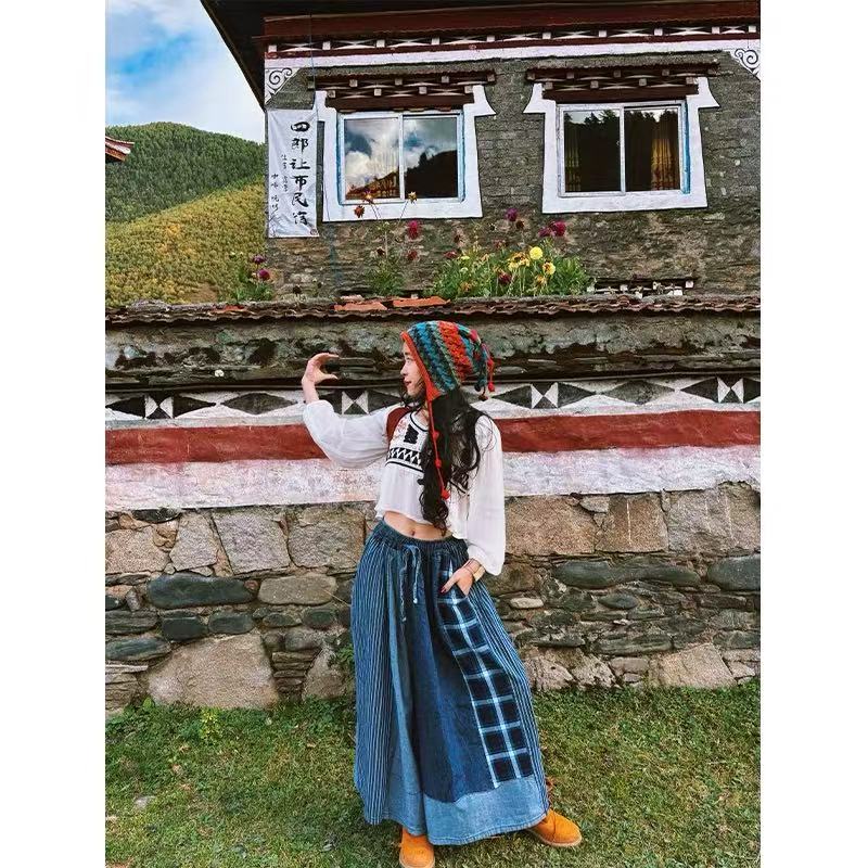 23192民族风度假风复古文艺小个子松紧腰慵懒风牛仔裤阔腿裤女~C