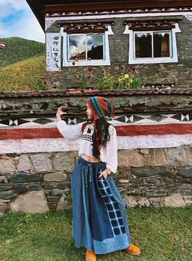 23192民族风度假风复古文艺小个子松紧腰慵懒风牛仔裤阔腿裤女~C