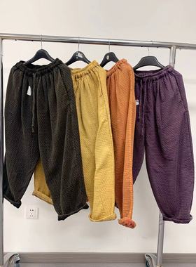 15087复古砂洗炒色压皱全棉休闲裤百搭松紧腰内包边加厚棉纱长裤