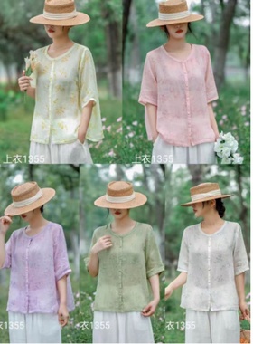 22755森系减龄领口明线刺绣100%苎麻小衫宽松显瘦碎花衬衫女上衣