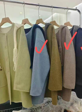 A23531浅绿色双面羊毛大衣AB面加厚温柔风中长款羊绒大衣针织帽女