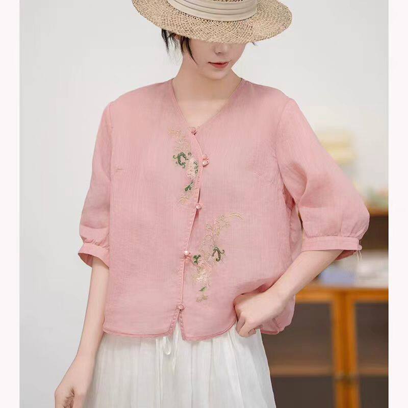小莲~22534新中式包扣V领刺绣苎麻短袖上衣国风减龄禅意茶服小衫