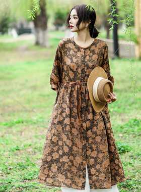 19046清新文艺印花气质盘扣系带收腰苎麻衬衫裙宽松立领连衣裙女