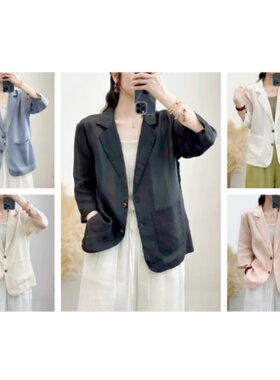 22805复古百搭七分袖苎麻小西装薄外套洋气防晒衣休闲外搭上衣女