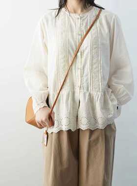 19189森系仙女衬衫~钩花领风琴压褶纯棉布长袖镂空下摆上衣小衫女