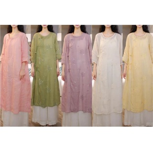 小莲~22559新中式盘扣斜襟手工盘花苎麻连衣裙显瘦刺绣百搭长裙女