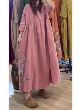 22972文艺复古森系减龄双层棉纱连衣裙刺绣纯色百搭宽松显瘦长裙