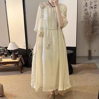 手工盘花双层精细纯苎麻连衣裙女