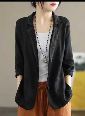 18382复古刺绣纯亚麻西装内包边外套显瘦百搭休闲两粒扣长袖开衫