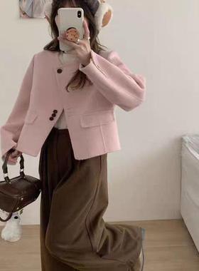 20955小香风短款小个子双面羊毛呢大衣圆领纯色百搭高级毛呢外套