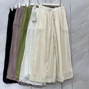 小莲~22332设计感脚口镂空刺绣松紧腰双层苎麻阔腿裤垂感百搭长裤
