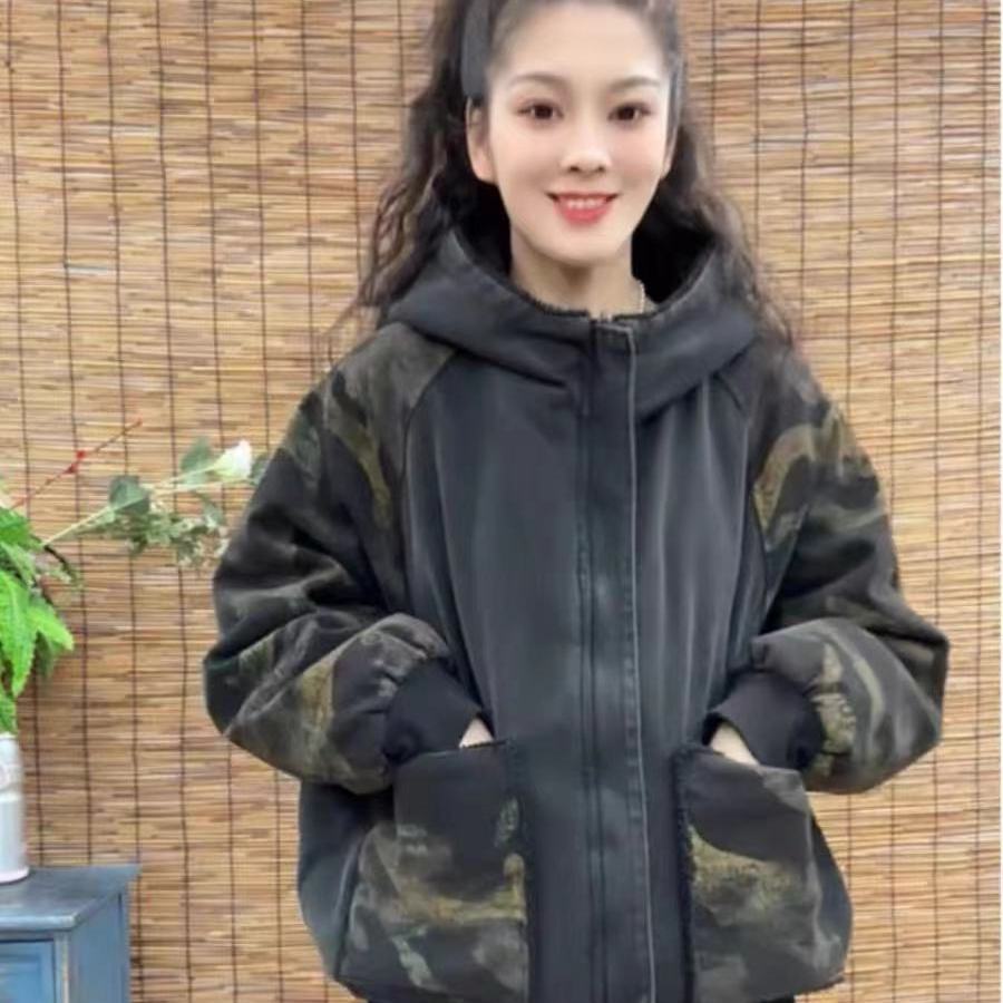 牛仔两面穿连帽外套百搭颗粒绒女