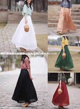 19352小莲~手工捏褶松紧腰双层100支苎麻风琴压褶大摆裙A字半身裙