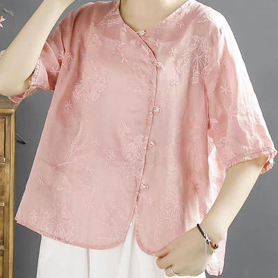 苎麻小衫国风绣花盘扣斜襟上衣女