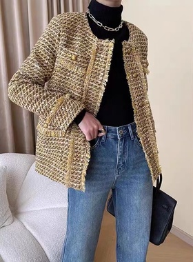 17159小香风流苏包边粗花呢圆领外套单排扣双口袋保暖百搭上衣女