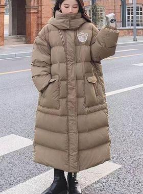 20869欧货咖色高级感羽绒服胖MM过膝白鸭绒时尚连帽面包服外套女