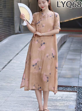 雷氏家~22276中式盘扣流苏双层苎麻连衣裙国风印花显瘦过膝长裙女