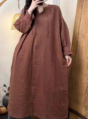 23173设计感领口系带软糯亲肤双层棉纱长款衬衫裙刺绣百搭连衣裙