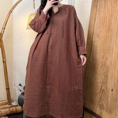 双层棉纱中长款衬衫裙百搭衬衣女