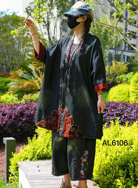 19609胖MM一粒盘扣老布贴布拼全棉牛仔风衣复古蝙蝠袖大外套袍子