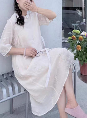 22820麻印！新中式盘扣刺绣双层苎麻连衣裙国风系带百搭绣花长裙