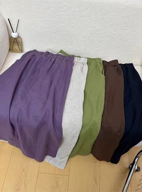 22499文艺复古高腰亚麻纯色百搭半身裙松紧腰后开叉A字裙一步裙女