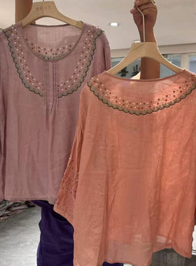 22696长袖防晒衫薄百搭甜美文艺风彩色点点刺绣风琴压褶苎麻小衫