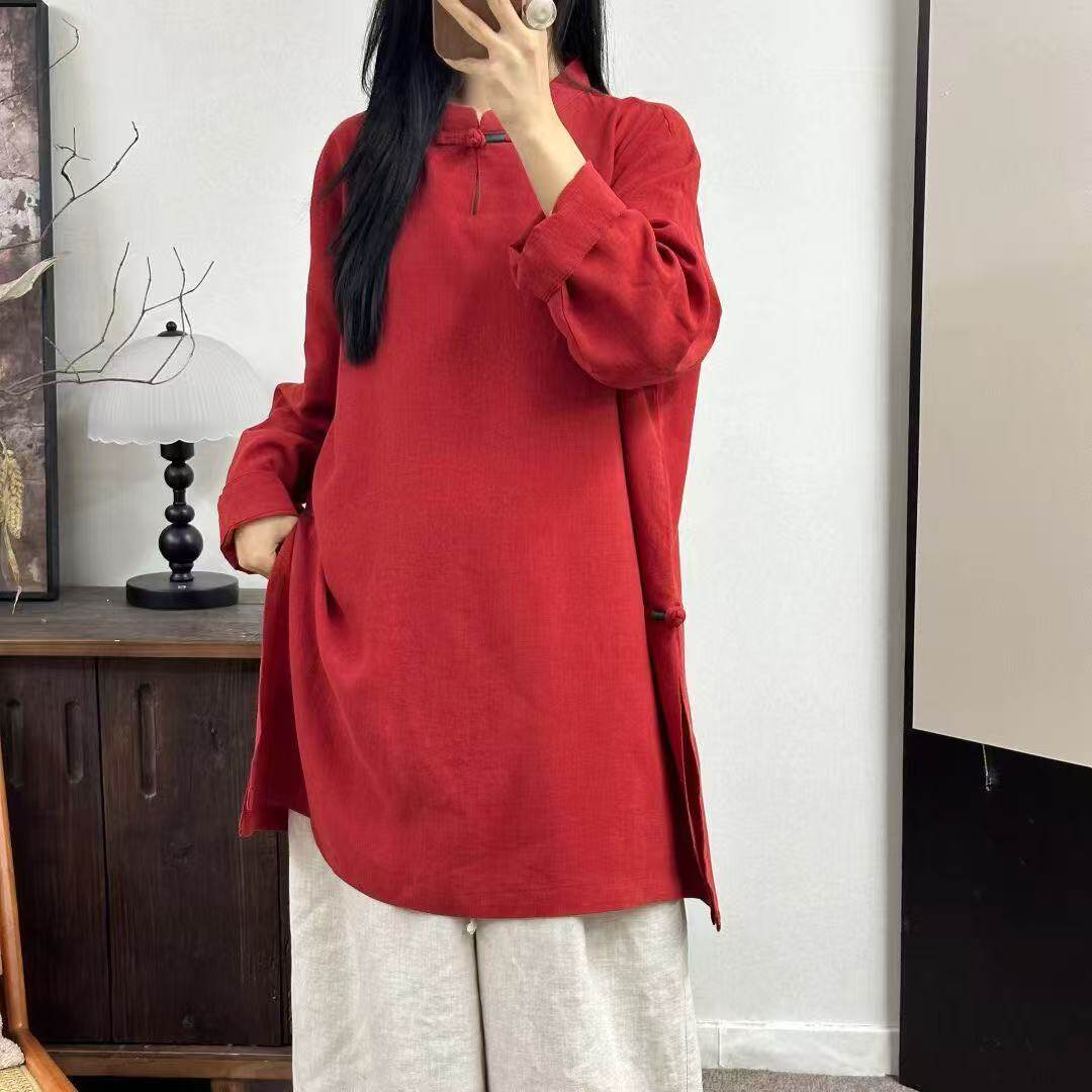 麻雀~23847新中式一粒盘扣中长款亚麻上衣开叉改良旗袍禅意袍子女