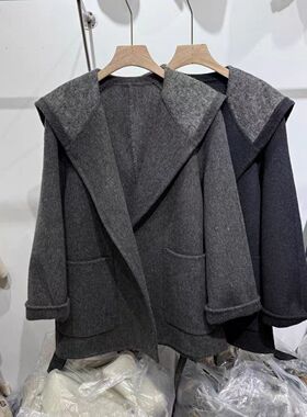 23525慵懒风无扣系带双面羊绒大衣大翻领海军领绵羊毛毛呢外套女