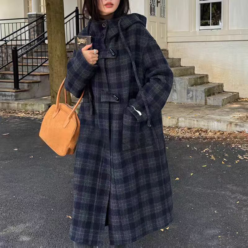 格子双面羊绒大衣减龄毛呢外套女
