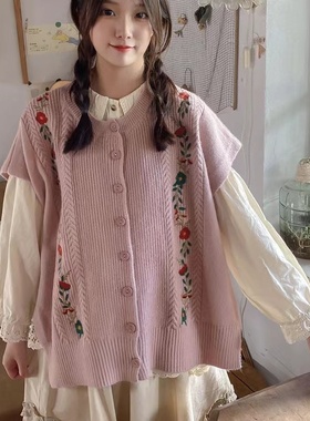 11017森系麻花毛衣马甲两侧系重工刺绣圆领无袖宽松百搭针织外套