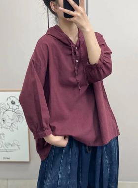 14196砂洗炒色复古连帽卫衣蝙蝠长袖内包边大码宽松休闲套头上衣