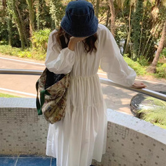 18570简约优雅圆领天丝麻褶皱设计感宽松百搭泡泡袖连衣裙长裙女