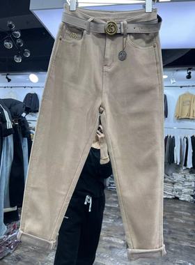 17474欧货冬新款配腰带加绒厚老爹纱卡全棉休闲裤弹力小脚哈伦裤