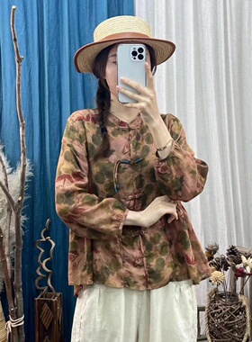 18339复古炒色盘扣苎麻长袖衬衫女宽松单排扣印花衬衣开衫内包边