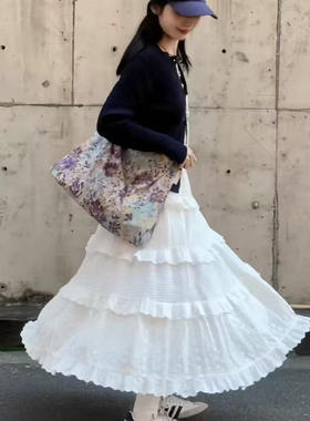 21179森系白色松紧腰刺绣显瘦半身裙小个子蓬蓬蛋糕裙蕾丝A字裙女