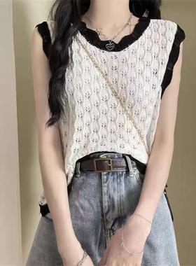 20787小香风木耳边钩花镂空无袖背心小众宽松白色针织打底衫上衣