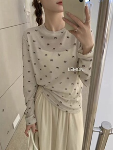 休闲轻薄打底衫 外穿上衣女 T恤柔防晒罩衫 18775韩系蝴蝶结印花长袖