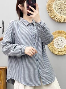 22967柔软亲肤双层纱长袖条纹衬衫显瘦百搭色正反织纯棉衬衣上衣