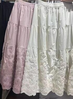 20918日系森系刺绣双层半身裙文艺清新松紧腰宽松百搭内衬半身裙