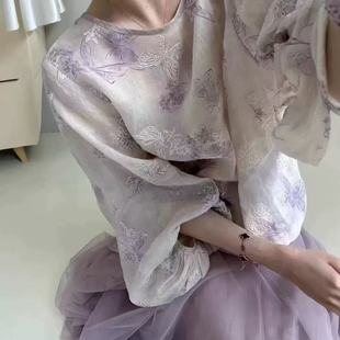 小莲~22936重工刺绣灯笼袖圆领苎麻小衫满身彩绣宽松水滴袖上衣女