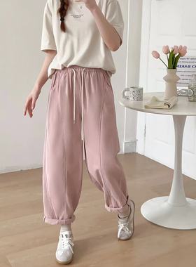 18057韩版抽绳松紧腰休闲阔腿纱卡全棉宽松显瘦分割线百搭哈伦裤