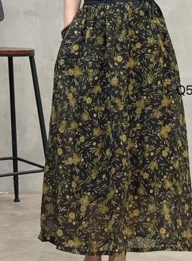 雷氏家~22541设计感半松紧腰双层亚麻半身裙显瘦百搭碎花裙A字裙