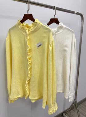 18199森系减龄木耳边花边门襟长袖棉纱衬衫柔软全棉百搭衬衣开衫