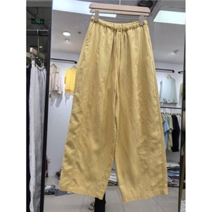 22782韩版松紧腰系带多片拼接亚麻天丝休闲裤百搭弯月刀直筒裤女